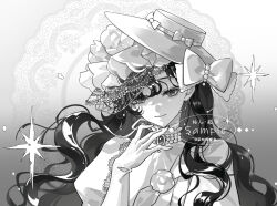  1girl bow commission gloves gradient_background grey_background greyscale hand_up hat hat_bow highres isolde_(reverse:1999) juliet_sleeves long_hair long_sleeves looking_at_viewer monochrome portrait puffy_sleeves reverse:1999 sample_watermark smile solo sparkle tilted_headwear veil watermark wavy_hair xiaolin_momo_yu 