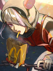 1girl bicycle commentary diagonal_bangs fast_food food french_fries hair_over_one_eye han_juri highres mcdonald&#039;s multicolored_hair solo street_fighter street_fighter_6 takai_misa two-tone_hair 