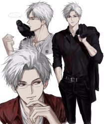  ... 1boy belt bird black_belt black_pants black_shirt collared_shirt cropped_legs crow hand_in_pocket highres holding_unworn_jacket love_and_deepspace male_focus multiple_views pants red_eyes shirt short_hair simple_background spoken_ellipsis sso_s sylus_(love_and_deepspace) white_background white_hair 