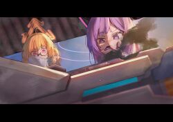  2girls absurdres black_gloves blonde_hair blue_archive brown_jacket covering_own_mouth glasses gloves gun halo hand_over_own_mouth highres holding holding_paper jacket kotori_(blue_archive) long_hair minibeat multiple_girls orange_halo paper purple_hair red_eyes utaha_(blue_archive) violet_eyes weapon 