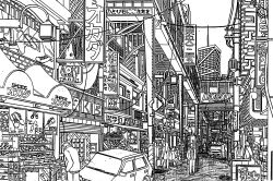  absurdly_detailed_composition absurdres building car cityscape commentary_request complex_exterior greyscale highres lineart monochrome motor_vehicle original outdoors pen_(medium) people power_lines road road_sign scenery shopping_district sign skyscraper street traditional_media transformer utility_pole yamaguti 