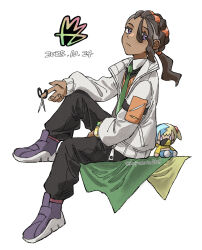  1boy black_hair black_pants canari_(pokemon) canari_plush_(pokemon) character_doll closed_mouth collared_shirt dark-skinned_male dark_skin doll green_necktie highres holding holding_scissors jacket long_hair long_sleeves looking_at_viewer male_focus mayumaro0129 naveen_(pokemon) necktie open_clothes open_jacket orange_sweater_vest orange_vest pants pokemon pokemon_legends:_z-a scissors shirt shoes sitting solo sweater_vest vest white_jacket 