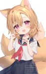  1girl animal_ear_fluff animal_ears blonde_hair fox_ears fox_tail hair_between_eyes hand_up highres multiple_tails neckerchief open_mouth original red_neckerchief school_uniform serafuku short_hair short_sleeves simple_background solo tail toufu_mentaru_zabuton violet_eyes watermark white_background 