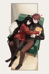  1boy 1girl armchair black_socks black_sweater blush brown_hair chair couple dress hair_bun heart hetero highres husband_and_wife library_of_ruina long_hair lowell_(project_moon) paulcamadonnas project_moon red_dress red_eyes red_hair short_hair sidelocks smile socks stuffed_animal stuffed_toy sweater sweater_dress teddy_bear very_long_hair xiao_(project_moon) 