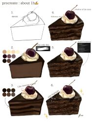  cake cake_slice cherry chocolate_cake color_guide english_commentary english_text fine_9725 food food_focus fruit highres no_humans original white_background 