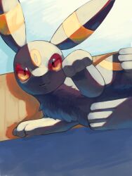  animal_focus black_fur closed_mouth colored_sclera highres looking_at_viewer lying no_humans on_side p9kfxaofqi54546 pokemon pokemon_(creature) pokemon_focus red_eyes red_sclera smile solo umbreon 