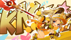  absurdres animal_ears blonde_hair blue_eyes braid chinchilla_ears chinchilla_girl chinchilla_tail crop_top fur-lined_gloves fur-trimmed_mittens fur_trim genshin_impact gloves highres holding holding_polearm holding_weapon kachina_(genshin_impact) long_hair mittens open_mouth orange_mittens orange_visor polearm smile spear visor_cap weapon 