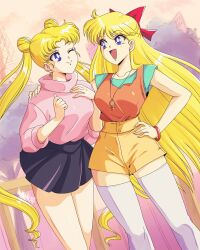  2girls absurdres adult_swim aino_minako bishoujo_senshi_sailor_moon bishoujo_senshi_sailor_moon_r bishoujo_senshi_sailor_moon_r:_the_movie bishoujo_senshi_sailor_moon_s bishoujo_senshi_sailor_moon_s:_the_movie bishoujo_senshi_sailor_moon_supers bishoujo_senshi_sailor_moon_supers:_the_movie blonde_hair blue_eyes bow breasts closed_mouth danmakuman earrings female_focus happy highres jewelry laughing light_smile long_hair long_sleeves miniskirt necklace one_eye_closed open_mouth red_bow short_sleeves shorts skirt smile sweater toei_animation toonami tree tsukino_usagi twintails very_long_hair viz_media wink 