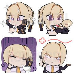  arm_strap blonde_hair chest_harness chibi chibi_only emoji evelyn_chevalier gloves half_gloves harness necktie romeboom yellow_necktie zenless_zone_zero 