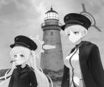  2girls blue_archive breasts cherino_(blue_archive) coat cosplay fake_facial_hair fake_mustache flat_chest greyscale halo hat highres large_breasts lighthouse long_hair long_sleeves marina_(blue_archive) monochrome multiple_girls one_side_up open_clothes open_coat outdoors parody peaked_cap photo-referenced pipe_in_mouth short_hair smoking_pipe the_lighthouse thomas_howard thomas_howard_(cosplay) thomas_wake thomas_wake_(cosplay) ziz_(pandora707) 