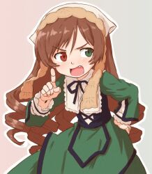  1girl beachepisode black_corset black_ribbon blush brown_hair collared_dress corset cowboy_shot doll_joints dress drill_hair fang frilled_dress frilled_shirt_collar frills green_dress green_eyes grey_background hand_on_own_hip hand_up headscarf heterochromia highres index_finger_raised joints lappet lolita_fashion long_dress long_hair long_sleeves looking_to_the_side neck_ribbon open_mouth outline red_eyes ribbon rozen_maiden simple_background solo standing suiseiseki swept_bangs twin_drills v-shaped_eyebrows very_long_hair white_headscarf white_outline 