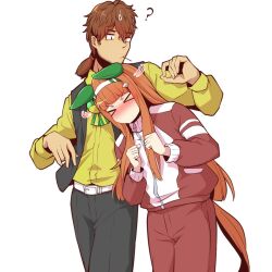  1boy 1girl animal_ears blunt_bangs blush bow brown_hair ear_bow ear_covers ear_flower hair_ornament hairband hime_cut horse_ears horse_girl horse_tail long_hair long_sleeves orange_hair orange_tail ponytail school_uniform shirt short_hair short_ponytail silence_suzuka_(umamusume) tail team_spica's_trainer tracen_school_uniform tracen_training_uniform trainer_(umamusume) umamusume vest white_hairband yellow_shirt yonedatomo_mizu 