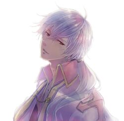  1boy arch_bishop_(ragnarok_online) collared_shirt commentary_request head_tilt kino_cozi lips long_hair looking_at_viewer looking_to_the_side low_ponytail male_focus open_mouth pink_shirt ponytail ragnarok_online red_eyes shirt simple_background solo upper_body white_background white_hair 