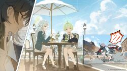  !? 6+girls antenna_hair arx-160 assault_rifle battle_rifle beretta_bm_59 black_hair blue_archive blue_sky can chair closed_eyes clouds cloudy_sky commentary_request company_name day desk drink_can energy_drink food fuyu_(blue_archive) green_hair grey_hair gun handgun highres holding holding_can ice_cream long_hair miyo_(blue_archive) monster_energy multicolored_hair multiple_girls official_art on_chair outdoors parasol pointing r9_arms_(gun) rifle ritsu_(blue_archive) short_hair sitting sky socks spoon submachine_gun two-tone_hair umbrella weapon white_hair white_socks yuyin_rina 