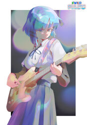 1girl artist_name bass_guitar black_ribbon blue_eyes blue_hair blue_skirt bluesky_logo bocchi_the_rock! border breasts closed_mouth collared_shirt commentary deviantart_logo dulire eyelashes fender_precision_bass hair_ornament hairclip highres holding holding_bass_guitar holding_instrument instrument music neck_ribbon pixiv_logo playing_bass_guitar playing_instrument ribbon shirt short_hair skirt solo tumblr_logo white_border white_shirt yamada_ryo 