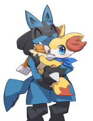  1other animal_ear_fluff bandana bandana_around_neck black_fur blue_bandana blue_eyes blue_fur body_fur closed_eyes closed_mouth fennekin fox furry holding holding_pokemon lucario makoto_ikemu multicolored_fur one_eye_closed open_mouth pokemon pokemon_(creature) pokemon_focus simple_background smile spikes yellow_fur 