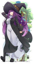  1girl :| arm_up artist_name bayeuxman belt black_boots black_coat black_hat blunt_bangs boots breasts brown_belt closed_mouth coat commentary_request covered_groin dress expressionless eyelashes falling_leaves fern_(sousou_no_frieren) full_body hand_on_own_head hat hat_belt highres holding holding_staff knee_boots large_breasts large_hat leaf long_hair long_sleeves looking_at_viewer mage_staff open_clothes open_coat paid_reward_available purple_hair signature solo sousou_no_frieren staff standing straight_hair tree turtleneck turtleneck_dress variant_set violet_eyes white_background white_dress witch_hat 