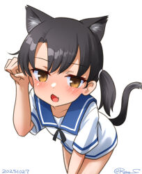  1girl alternate_eye_color animal_ears black_hair blue_sailor_collar brown_eyes cat_ears cat_tail cowboy_shot dress feet_out_of_frame kantai_collection one-hour_drawing_challenge paw_pose ray.s sailor_collar sailor_dress short_hair short_sleeves shounan_(kancolle) simple_background solo tail twintails white_background white_dress 