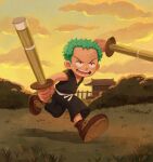  1boy aged_down black_eyes bokken child clouds commentary_request dual_wielding full_body grass green_hair highres holding holding_sword holding_weapon male_focus oekakiboya one_piece open_mouth outdoors roronoa_zoro short_hair sky solo sword teeth weapon wooden_sword 