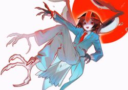  1other absurdres androgynous animal_feet barefoot bird_tail black_gloves blue_coat blue_tail brown_hair business_suit buttons claws coat collared_coat collared_shirt crossed_legs dress_pants eye_of_senri eyelashes eyes_on_wings fang favnvs_(s910a_ib6) flying full_body gloves grey_pants half_gloves happy headgear highres kokutenshi_hibaru lapels layered_sleeves len&#039;en long_sleeves medium_hair notched_lapels open_mouth other_focus outline outstretched_arm outstretched_arms pants red_eyes shirt signature smile solo suit sun tail talons teardrop teeth upper_teeth_only white_background white_outline white_shirt wings 