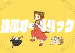  1girl animal_ear_headwear animal_ears animalization bangs_blown_up bird blood bow bowtie cat_ears cat_girl cat_tail chen commentary crow dress emphasis_lines flute forehead fox full_body gap_(touhou) green_hat hat holding holding_flute holding_instrument instrument kitsune kyoufuu_all_back_(vocaloid) looking_ahead mob_cap multiple_tails music nosebleed o_o orange_dress orange_shoes parody playing_instrument recorder shirt shoes short_hair socks style_parody tail tarouponponpon text_background touhou two_tails white_hat white_shirt white_socks wind yakumo_ran yakumo_yukari yellow_background yellow_bow yellow_bowtie 