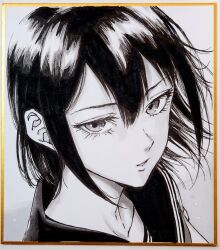  1girl collarbone commentary_request double-parted_bangs greyscale hair_between_eyes long_bangs looking_at_viewer makomako1061 monochrome original parted_lips photo_(medium) portrait sailor_collar school_uniform shikishi short_hair solo traditional_media 