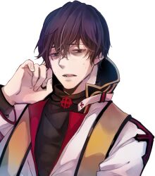  1boy arch_bishop_(ragnarok_online) bags_under_eyes black_eyes black_hair black_shirt claw_pose commentary_request cross cross_necklace cross_of_prontera fingernails hair_between_eyes half-closed_eyes highres jacket jewelry kino_cozi long_bangs looking_at_viewer male_focus necklace official_alternate_costume open_mouth ragnarok_online shirt short_hair simple_background solo upper_body white_background white_jacket 