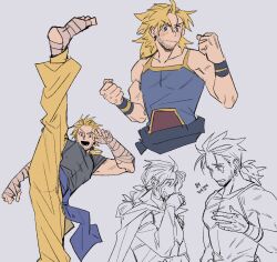  2boys baggy_pants bandaged_arm bandaged_foot bandaged_hand bandages bare_shoulders beard black_shirt blonde_hair blue_eyes blue_shirt blush brothers clenched_hands closed_mouth covering_own_mouth earrings edgar_roni_figaro facial_hair final_fantasy final_fantasy_vi foot_out_of_frame garbage_paper grey_background hair_between_eyes hair_ribbon hair_tie hand_on_own_chest hand_over_own_mouth high_kick highres jewelry kicking low_ponytail male_focus multi-tied_hair multiple_boys multiple_views muscular muscular_male no_shoes open_mouth pants parted_bangs ponytail ribbon sabin_rene_figaro sash shirt siblings sleeveless sleeveless_shirt smile sweatdrop tears twins upper_body waist_sash wristband yellow_pants 