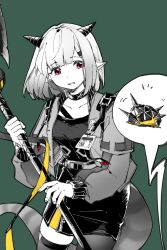  1girl arknights asymmetrical_legwear chinese_commentary commentary_request green_background highres holding horns infection_monitor_(arknights) jacket layered_sleeves long_sleeves open_clothes open_jacket originium_slug_(arknights) parted_lips partially_colored piaoliu_ping_ping_ping_pingzi pink_eyes pointy_ears shirt short_hair short_over_long_sleeves short_sleeves simple_background single_leg_pantyhose single_thighhigh skirt solo t-shirt thigh-highs uneven_legwear vanilla_(arknights) 