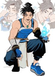  +++ 1boy :p bandaged_arm bandages black_eyes black_hair blue_gloves blue_pants blue_shoes bul_jelly collarbone commentary covered_abs elbow_gloves fingerless_gloves gloves grin heart heart_hands highres jewelry kneeling looking_at_viewer male_focus multiple_views necklace overwatch pants pendant shoelaces shoes single_elbow_glove smile tank_top teeth toned toned_male tongue tongue_out topknot wuyang_(overwatch) 