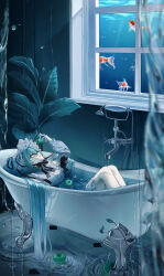  1girl absurdres apple aqua_hair aqua_nails bathroom black_bow black_ribbon bonnet bow commentary detached_sleeves dress english_commentary expressionless faucet fingernails fish food frilled_dress frills fruit green_apple grey_eyes grey_hat hair_spread_out hand_up hat highres holding holding_food holding_fruit in_bathtub indoors knees_up long_hair long_sleeves looking_at_object lying nail_polish ocean original parted_lips partially_submerged plant potted_plant ribbon ripples singeub sleeve_bow sleeveless sleeveless_dress solo tile_floor tiles very_long_hair water water_drop white_dress window 