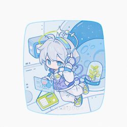  1girl ahoge blue_eyes chibi chibi_only closed_mouth double-parted_bangs full_body green_shoes grey_hair headphones highres jacket kanae_(cookie) long_sleeves original pants purple_jacket sample_watermark shoes short_hair sneakers solo spacecraft_interior watermark white_pants 
