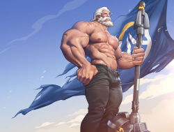  1boy abs bare_arms bare_pectorals beard biceps black_pants blue_eyes blue_sky denim facial_hair flag full_beard full_body hammer hand_on_own_hip holding holding_hammer jeans large_pectorals looking_afar male_focus mature_male multiple_scars muscular muscular_male neck nipples non-web_source overwatch pants pectorals reinhardt_(overwatch) scar signature silverjow sky solo_focus thick_beard topless_male white_hair 