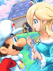  1boy 1girl blonde_hair blue_dress blue_eyes brown_hair building cloud_mario crown day dress earrings facial_hair from_side grass hat highres holding holding_wand jewelry long_hair mario mustache official_art outdoors overalls red_shirt rosalina shirt short_hair star_(symbol) star_earrings star_wand super_mario_bros. super_mario_galaxy wand white_hat white_overalls yamari_(ya_mari_6363) 