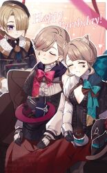  1girl 2boys animal_ears black_bodysuit black_gloves blonde_hair bodysuit bow bowtie cat_ears cat_girl cat_tail closed_eyes closed_mouth cupcake facial_mark food fork freckles freminet_(genshin_impact) genshin_impact gloves hair_over_one_eye happy_birthday hat highres holding holding_fork long_hair long_sleeves lynette_(genshin_impact) lyney_(genshin_impact) multiple_boys pers_(genshin_impact) pink_bow pink_bowtie short_hair smile star_(symbol) star_facial_mark tail teardrop_facial_mark top_hat unworn_hat unworn_headwear violet_eyes white_sleeves ymdm0826 