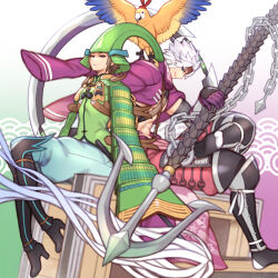  2boys :< abs anchor armor bird black_boots blue_eyes boots brown_eyes brown_hair chousokabe_motochika_(sengoku_basara) eyepatch folks_(nabokof) gloves green_helmet helmet highres jacket jacket_on_shoulders japanese_armor kabuto_(helmet) looking_at_viewer male_focus mouri_motonari_(sengoku_basara) multiple_boys muscular muscular_male pants parrot pink_pants purple_gloves purple_jacket sengoku_basara short_hair sitting smirk spiky_hair white_hair 