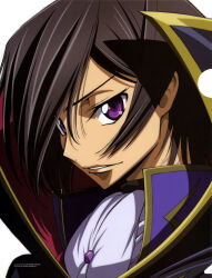  1boy absurdres anime_coloring artist_name ascot black_cape black_hair cape code_geass highres kimura_takahiro lelouch_vi_britannia looking_at_viewer male_focus newtype official_art parted_lips portrait short_hair simple_background solo third-party_source violet_eyes white_background 