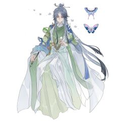  1boy absurdres aqua_coat aqua_hanfu black_hair blue_butterfly blue_shawl blunt_ends bug butterfly butterfly_on_hand calligraphy_brush chinese_clothes chinese_commentary closed_mouth coat colored_tips curtained_hair expressionless flipped_bangs flower full_body green_hanfu grey_eyes grey_hair hair_flower hair_ornament hair_stick half-closed_eyes hanfu highres holding holding_calligraphy_brush holding_paintbrush invisible_chair lapels leaf_ornament long_hair long_sleeves looking_at_animal looking_down lotus_leaf male_focus mole mole_under_eye multicolored_hair paintbrush parted_bangs pink_butterfly red_ribbon ribbon shawl shirt shiyue950 simple_background sitting solo tassel topknot very_long_hair wang_chuan_feng_hua_lu white_background white_butterfly white_coat white_flower white_hanfu white_shirt wide_sleeves yuanlingpao 