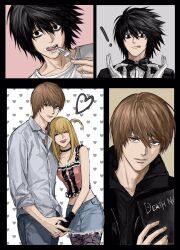  ! 1girl 2boys :q adjusting_bowtie alternate_costume amane_misa bags_under_eyes black_eyes black_hair bow bowtie brown_eyes brown_hair closed_mouth collared_shirt cowboy_shot death_note death_note_(object) denim food food_on_face fork grey_shirt hair_between_eyes heart hetero highres holding holding_fork jeans l_(death_note) looking_at_viewer multiple_boys multiple_views pants shirt sleeves_rolled_up sso_s teeth tongue tongue_out white_shirt yagami_light 