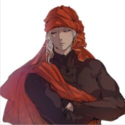  1boy black_shirt blue_eyes closed_mouth commentary_request crossed_arms dark-skinned_male dark_skin keffiyeh kino_cozi lips looking_afar looking_to_the_side male_focus mole mole_under_mouth ragnarok_online rune_knight_(ragnarok_online) shirt short_hair simple_background solo upper_body white_background white_hair 