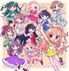  6+girls :d ;d ? absurdres ahoge album_cover audible_music azabu_mai blonde_hair chofu_noriko costume cover cropped dress everyone goto_akira gun harumiya_yukuri highres idol ikizulive!_love_live!_bluebird jacket kanazawa_miracle komagata_hanabi konohana_aurora loafers love_live! midriff miniskirt multiple_girls one_eye_closed ponytail richard_(richaball) sasaki_shion scrunchie shirt shoes skirt sleeveless smile socks sound split takahashi_polka vest w weapon what yamada_midori 