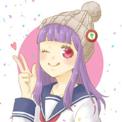  alternate_costume beanie blue_sailor_collar blunt_bangs blush chima_(iccachima) closed_mouth commentary_request confetti grey_hat hat heart long_hair long_sleeves looking_at_viewer neckerchief pom_pom_(clothes) pom_pom_beanie purple_hair ragnarok_masters ragnarok_online red_eyes red_neckerchief sailor_collar school_uniform serafuku shirt sidelocks smile solo white_background white_shirt 