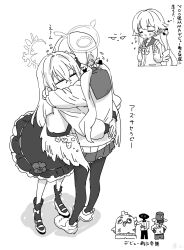  2girls android arrow_(symbol) azusa_(blue_archive) blue_archive bruise bruised_eye closed_eyes commentary_request crying feathered_wings greyscale halo hifumi_(blue_archive) highres hug injury long_hair monochrome multiple_girls nishino_hikoji pantyhose peroro_(blue_archive) pleated_skirt sad school_uniform serafuku shoes simple_background skirt sneakers straight_hair tears translation_request twintails very_long_hair wings yuri 