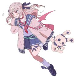  1girl absurdres aqua_belt armband bag belt belt_collar black_shoes blue_ribbon blue_sailor_collar blue_skirt blush_stickers closed_mouth collar collarbone colored_inner_hair demon_wings drill_hair eighth_note fang floating_hair full_body grey_hair hair_intakes hair_over_shoulder hair_ribbon handbag heart highres holding holding_stuffed_toy jacket knee_up leg_tattoo long_hair looking_ahead loose_belt loose_socks makaino_ririmu makaino_ririmu_(4th_costume) miniskirt multicolored_hair musical_note neckerchief nijisanji open_clothes open_jacket pink_hair pink_jacket pink_streaks platform_shoes pleated_skirt pointy_ears red_bag red_collar red_eyes red_neckerchief red_wings ribbon sailor_collar school_uniform serafuku shirt shoes shoulder_bag sidelocks simple_background skin_fang skirt sleeves_past_fingers sleeves_past_wrists smile socks solo standing standing_on_one_leg streaked_hair stuffed_animal stuffed_rabbit stuffed_toy tattoo two-tone_hair two_side_up virtual_youtuber white_background white_shirt white_socks winged_heart winged_heart_tattoo winged_shoes wings zzzkznk 