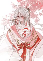  1boy :/ absurdres ahoge cherry_blossoms chinese_clothes chinese_commentary closed_mouth coat collarbone cowboy_shot earrings facial_tattoo flower flower_knot gold_trim hair_ornament hair_rings hanfu highres hua_yi_shanxin_zhiyue jewelry long_hair long_sleeves looking_to_the_side male_focus off_shoulder open_clothes open_coat parted_bangs pink_flower pink_hanfu print_shirt red_eyes red_shawl sash see-through_clothes see-through_shirt shawl shirt shiyue950 single_hair_ring solo standing tassel tassel_earrings tattoo waist_sash white_background white_coat white_hair white_hanfu white_shirt wide_sleeves xie_xingyi 