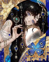 1girl bare_shoulders black_hair blue_butterfly blue_veil broken_mirror bug butterfly covered_mouth fine_art_parody glint gustav_klimt_(style) hair_ornament hair_over_mouth hand_up head_tilt highres isolde_(reverse:1999) long_hair looking_at_viewer mirror official_alternate_costume parody reverse:1999 sangxin-bingkuang_chang_ergouzi solo upper_body veil violet_eyes yellow_background 