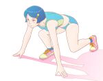  1girl arm_support blue_buruma blue_hair blue_sports_bra buruma full_body hair_ornament hairclip kasetakeshi looking_to_the_side original shadow shoes short_hair simple_background sneakers solo sports_bra sportswear sprinting_pose 