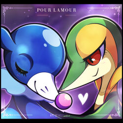  closed_eyes closed_mouth commentary english_commentary eyelashes forehead-to-forehead french_text heads_together heart highres holding_hands looking_at_another no_humans pokemon pokemon_(creature) popplio purple_background red_eyes smile snivy valentine woofzilla 