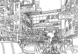  absurdly_detailed_composition absurdres car commentary_request complex_exterior crosswalk greyscale highres lamppost lineart monochrome motor_vehicle original pen_(medium) people power_lines road scenery sign street traditional_media traffic_light translation_request urban yamaguti 