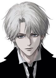  1boy black_necktie blue_eyes character_request check_character earrings eyelashes highres jewelry looking_at_viewer male_focus necktie parted_bangs pierre_tempete_de_neige portrait short_hair simple_background solo sso_s sugar_sugar_rune white_background white_hair 